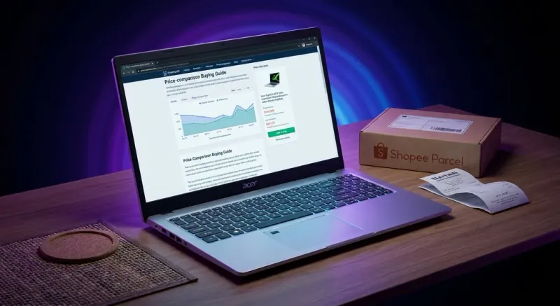 Acer Aspire 5 laptop terbuka menunjukkan skrin 15.6 inci dan papan kunci di meja kerja