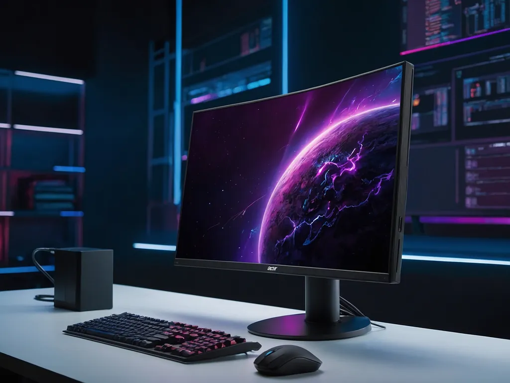 Acer Nitro gaming monitors dengan refresh rate tinggi dan panel IPS berwarna-warni di persekitaran pejabat gaming