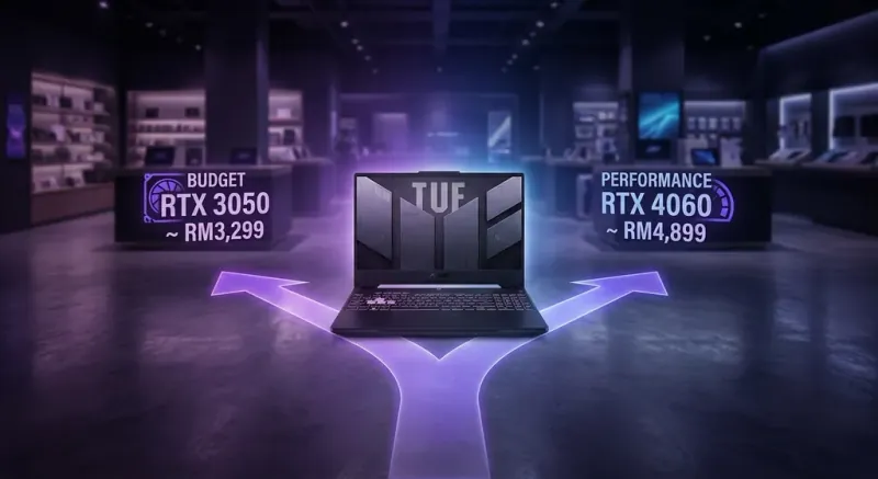 Asus Tuf Gaming F15 gaming laptop displayed with RGB keyboard lighting and performance specs overlay in Malaysia retail setting