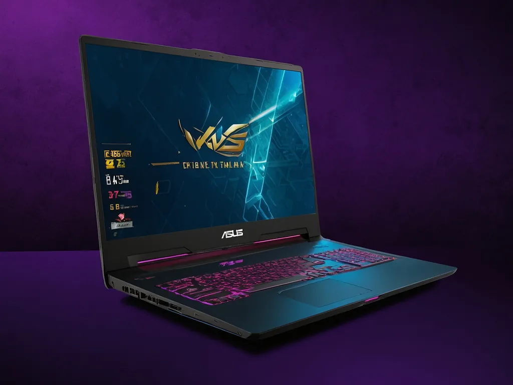 Asus Tuf Gaming F15 laptop showing keyboard, display, and cooling vents with performance specifications