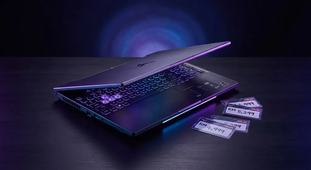 Asus Tuf Gaming F16 gaming laptop displayed with RGB keyboard lighting in dark studio setting