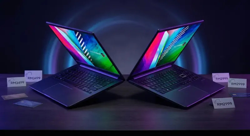 Asus Vivobook laptop displayed with price tags and specifications on screen
