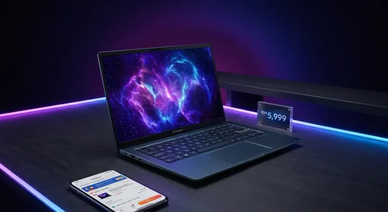 Asus Zenbook 14 Oled laptop displayed on desk showing vibrant OLED screen and premium design