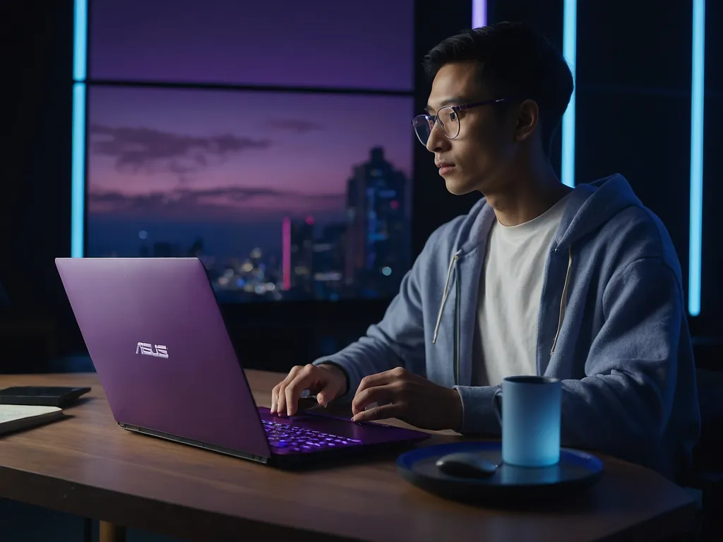 Asus Zenbook A14 Malaysia terbuka menunjukkan skrin dan papan kunci dengan pencahayaan latar