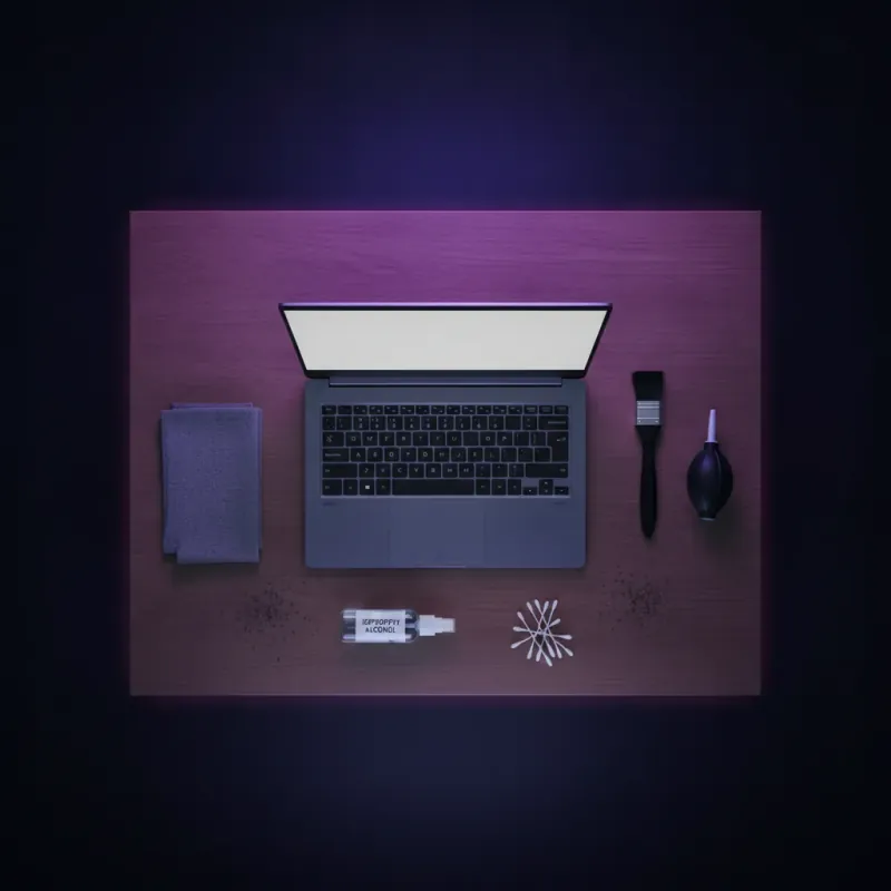 Tangan membersihkan kipas laptop dengan sikat lembut, menunjukkan cara bersih laptop yang betul