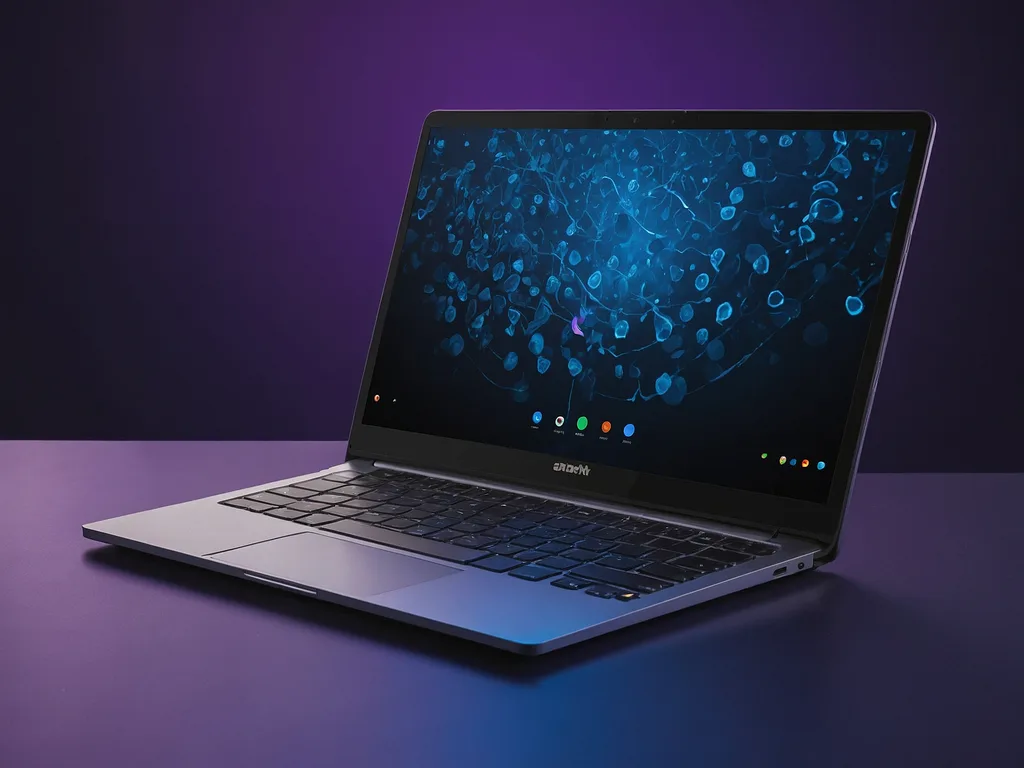Chromebook moden terbuka menunjukkan antara muka ChromeOS dengan ikon aplikasi berwarna-warni