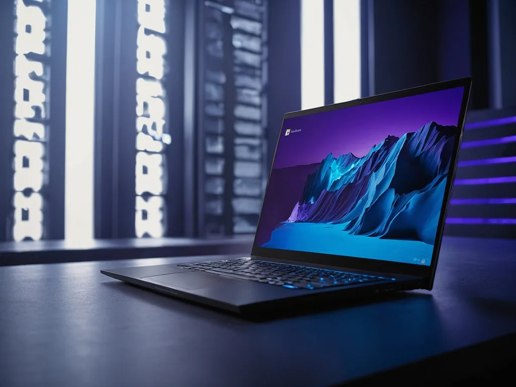 Laptop Windows 11 moden dengan paparan desktop yang elegan