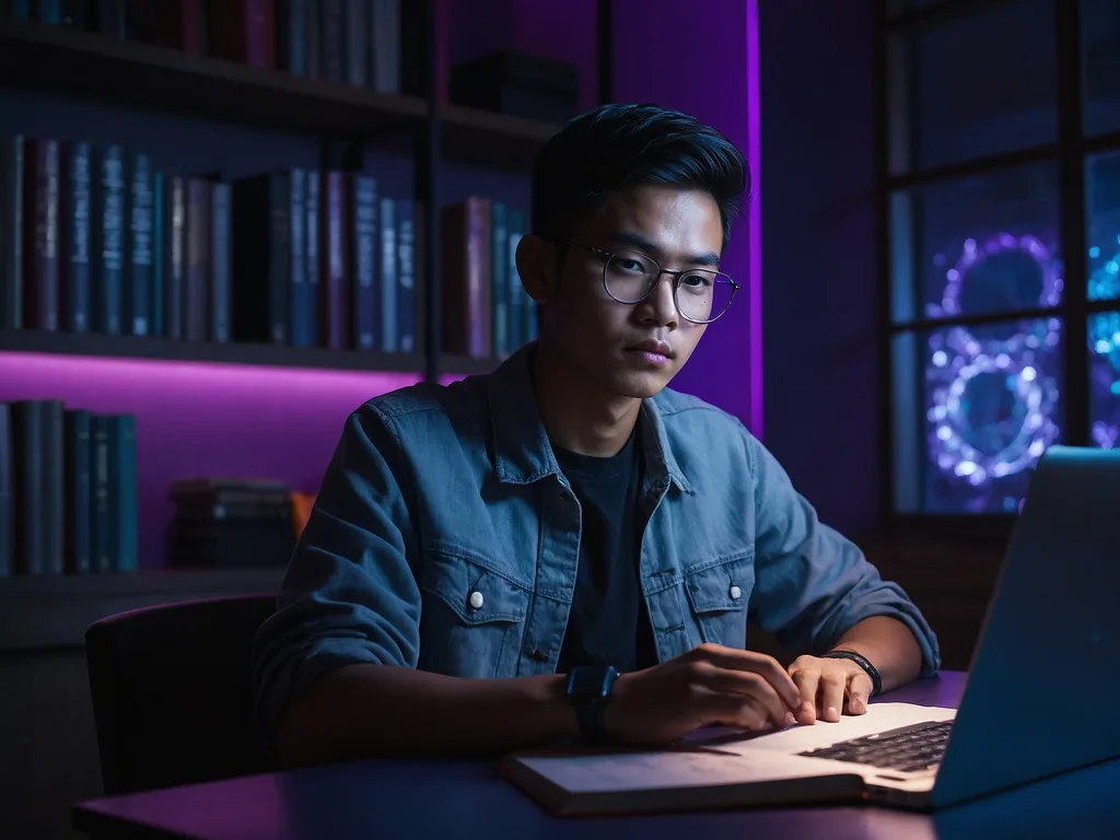 Pelajar Malaysia menggunakan laptop di ruang belajar moden dengan pencahayaan violet ambient