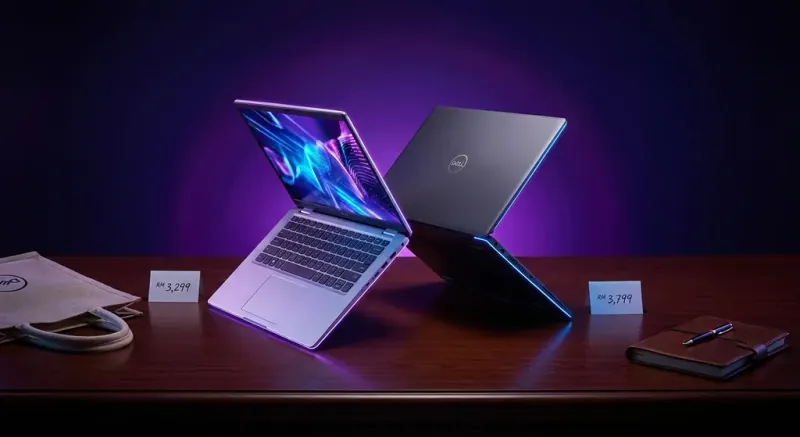 Dell Inspiron laptop terbuka menunjukkan skrin FHD dan keyboard dengan latar belakang pejabat Malaysia