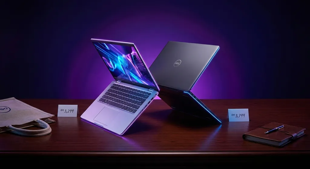 Dell Inspiron laptop terbuka menunjukkan skrin FHD dan keyboard dengan latar belakang pejabat Malaysia