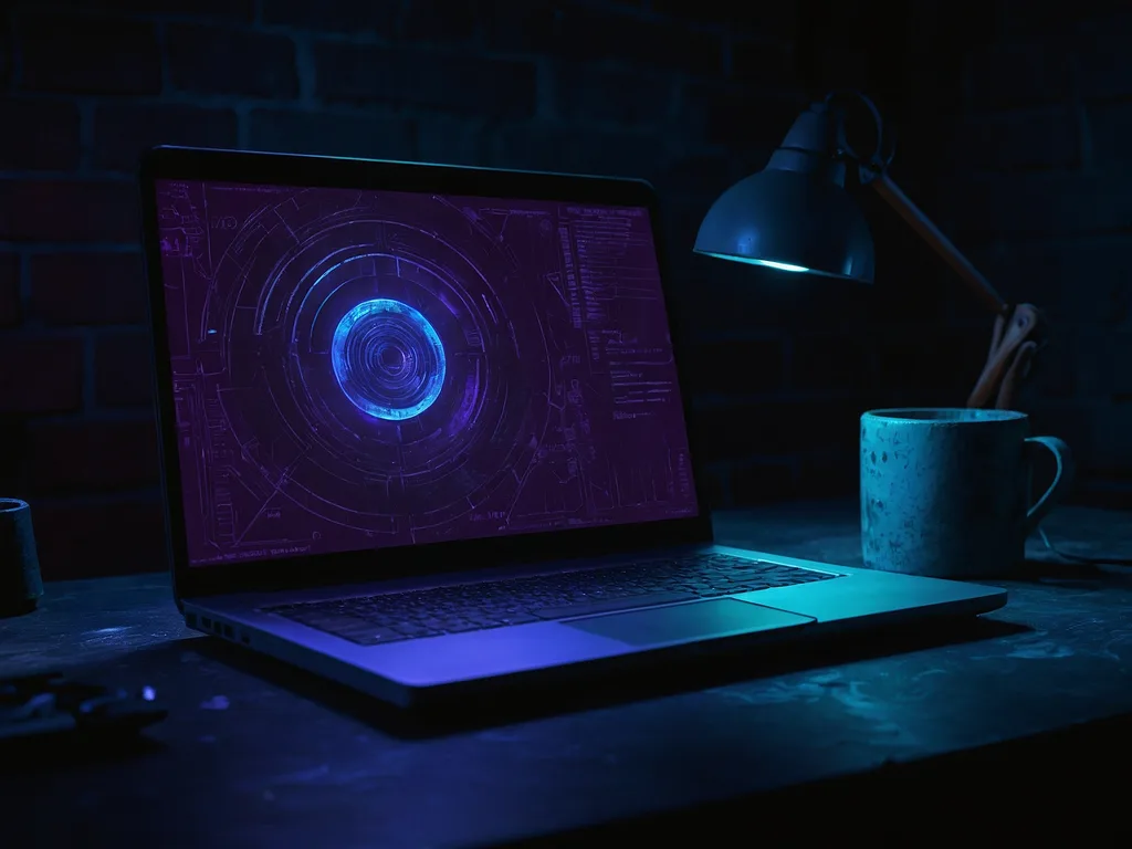 Laptop generik di atas meja gelap dengan skrin memaparkan antara muka siasatan digital dalam aesthetic Cyber Violet — hero image artikel factcheck laptop scam Shopee