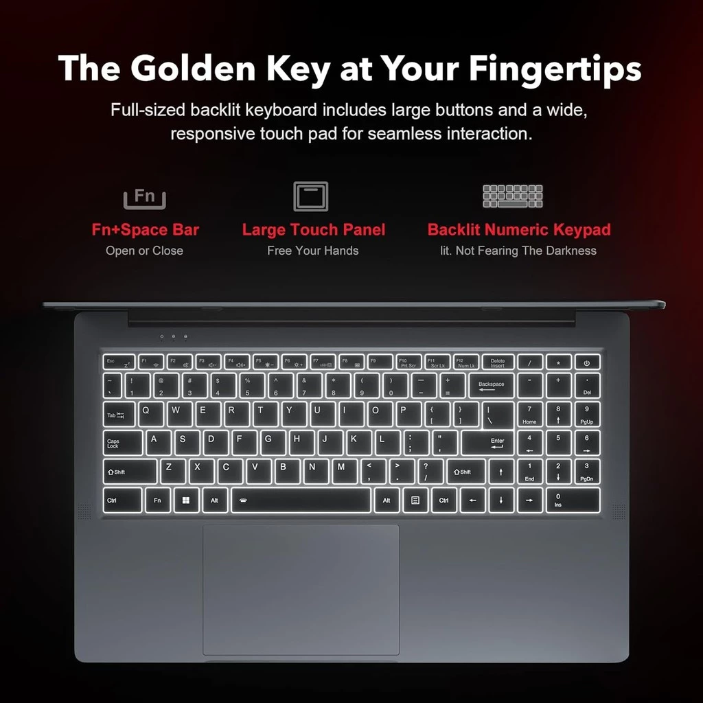 Gambar listing tunjuk keyboard backlit dengan numpad — tidak tipikal untuk laptop 14 inci