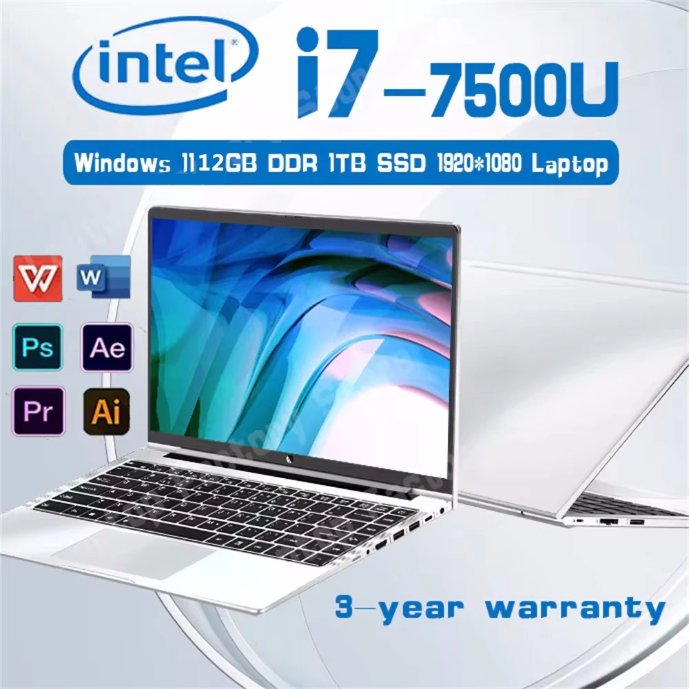 Gambar promosi listing XIAOMA i7-7500U di Shopee — claim Intel i7, Windows 11, 12GB DDR4, 1TB SSD, 3-year warranty