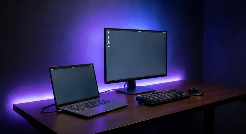 Pelbagai external monitor disambung ke laptop di meja kerja dengan kabel USB-C dan HDMI