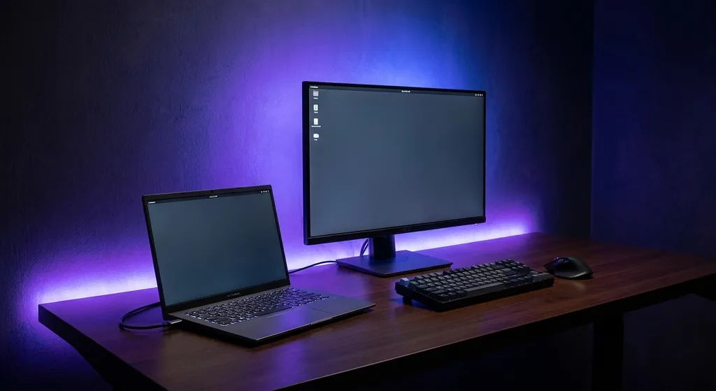 Pelbagai external monitor disambung ke laptop di meja kerja dengan kabel USB-C dan HDMI