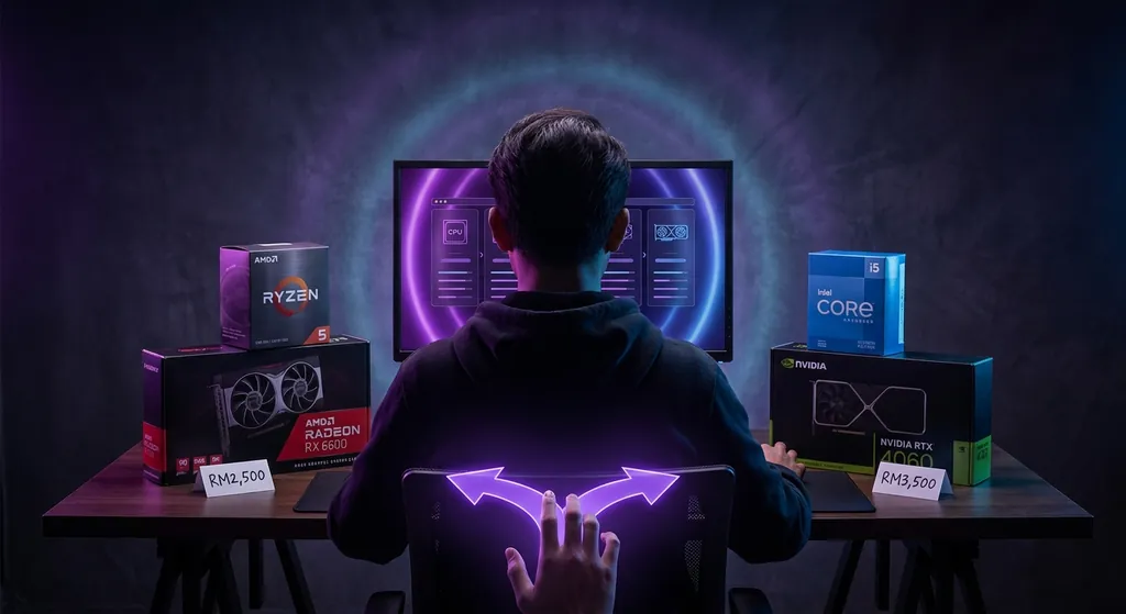 Gaming PC budget setup dengan monitor, keyboard, dan mouse di meja kerja Malaysia