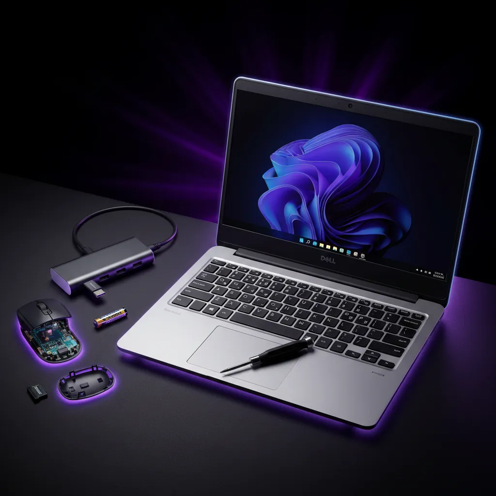 Tangan menyambung tetikus wayar ke laptop melalui USB dongle dan Bluetooth settings