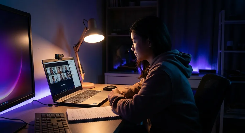 Skrin laptop menunjukkan tetapan rakaman Zoom dengan butang merakam yang jelas dan antara muka mesyuarat