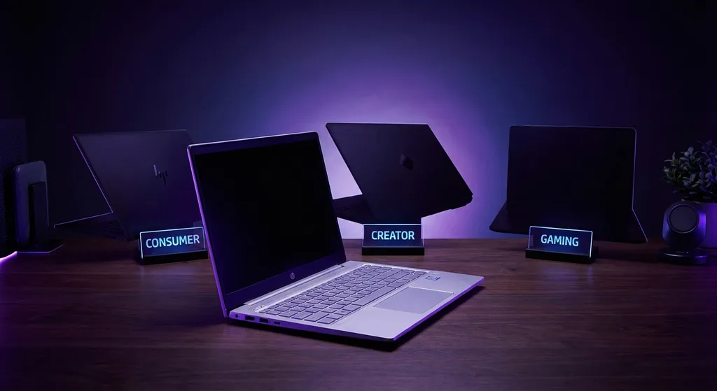 Koleksi produk HP brand termasuk laptop, desktop, dan printer berkualiti tinggi