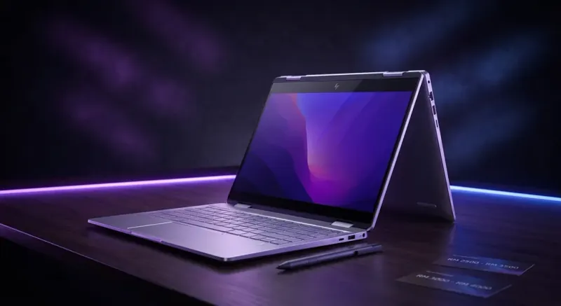 Hp Pavilion X360 convertible laptop displayed in tent mode on desk with stylus