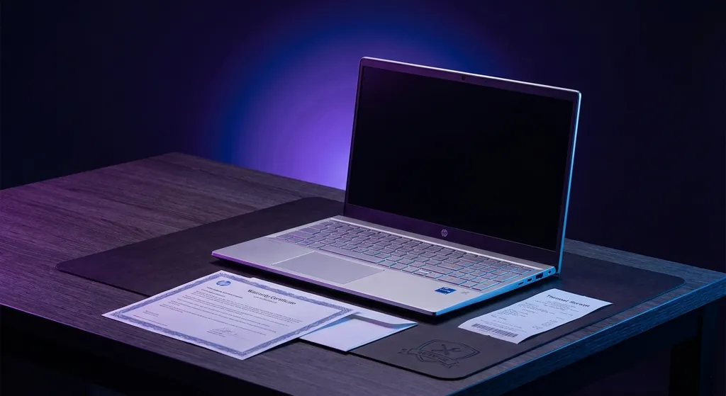 Seorang pengguna laptop HP memeriksa dokumen waranti dengan latar belakang pejabat profesional