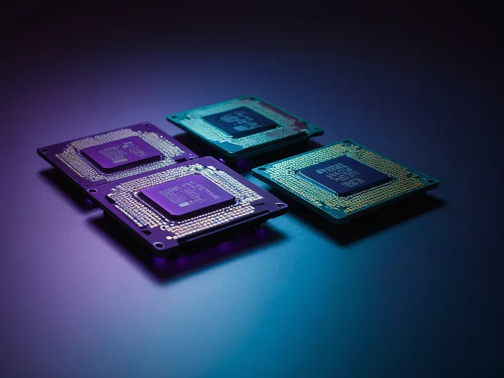 Empat Intel Core processor chip disusun dalam row mewakili tier i3 i5 i7 i9 dengan violet glow