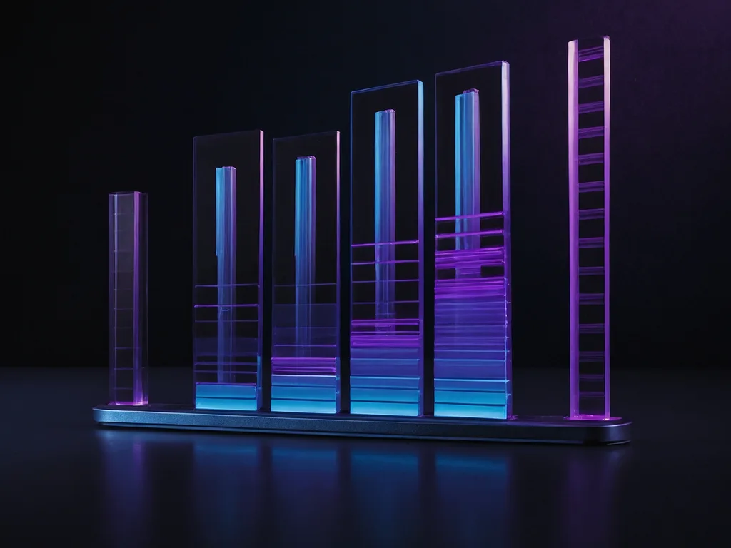 Visualisasi performance bars naik untuk i3 i5 i7 i9 tier dengan violet dan electric blue glow