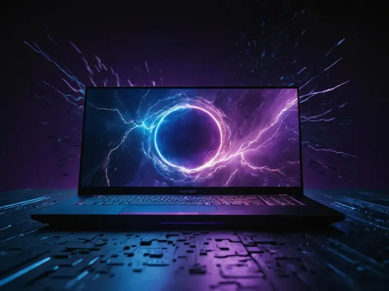 Pemproses Intel Core dan AMD Ryzen berhadapan dalam komposisi dramatik split dengan kilat violet di tengah