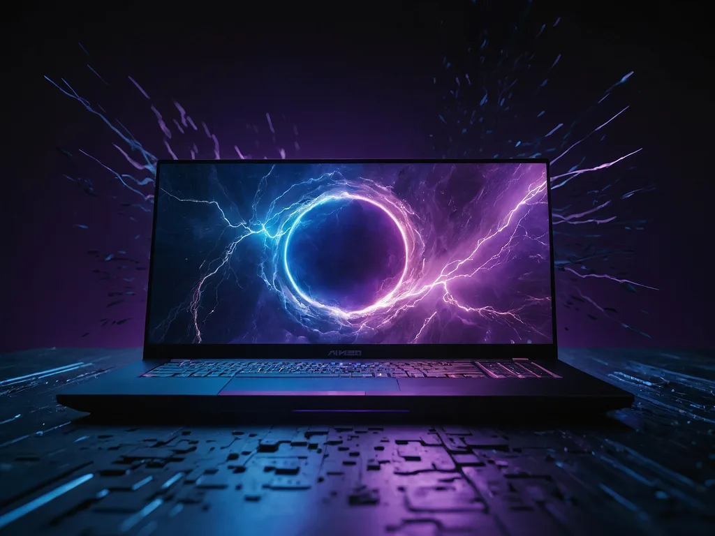 Pemproses Intel Core dan AMD Ryzen berhadapan dalam komposisi dramatik split dengan kilat violet di tengah