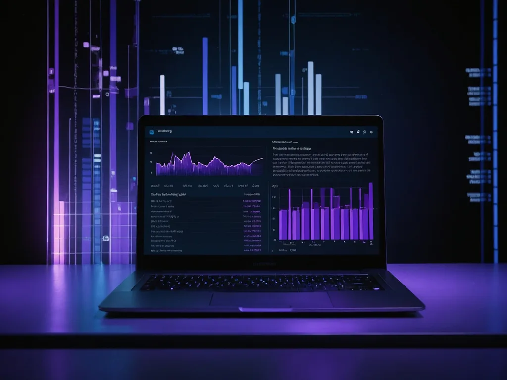 Laptop terbuka menunjukkan benchmark score dengan kesan glow violet dan data perbandingan CPU