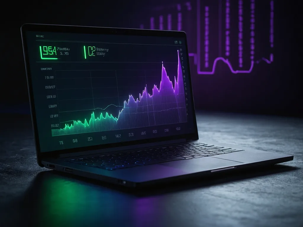 Laptop dengan indikator bateri penuh dalam suasana kerja pelajar universiti dengan cahaya violet lembut