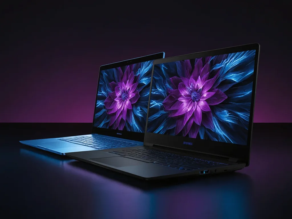 Tiga persona pengguna laptop yang berbeza — pelajar, pekerja office, dan gamer — dalam setting studio violet