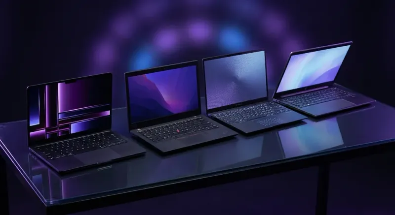Koleksi laptop dari jenama terbaik Dell, HP, Lenovo, ASUS, dan Apple bersusun di atas meja kerja modern.
