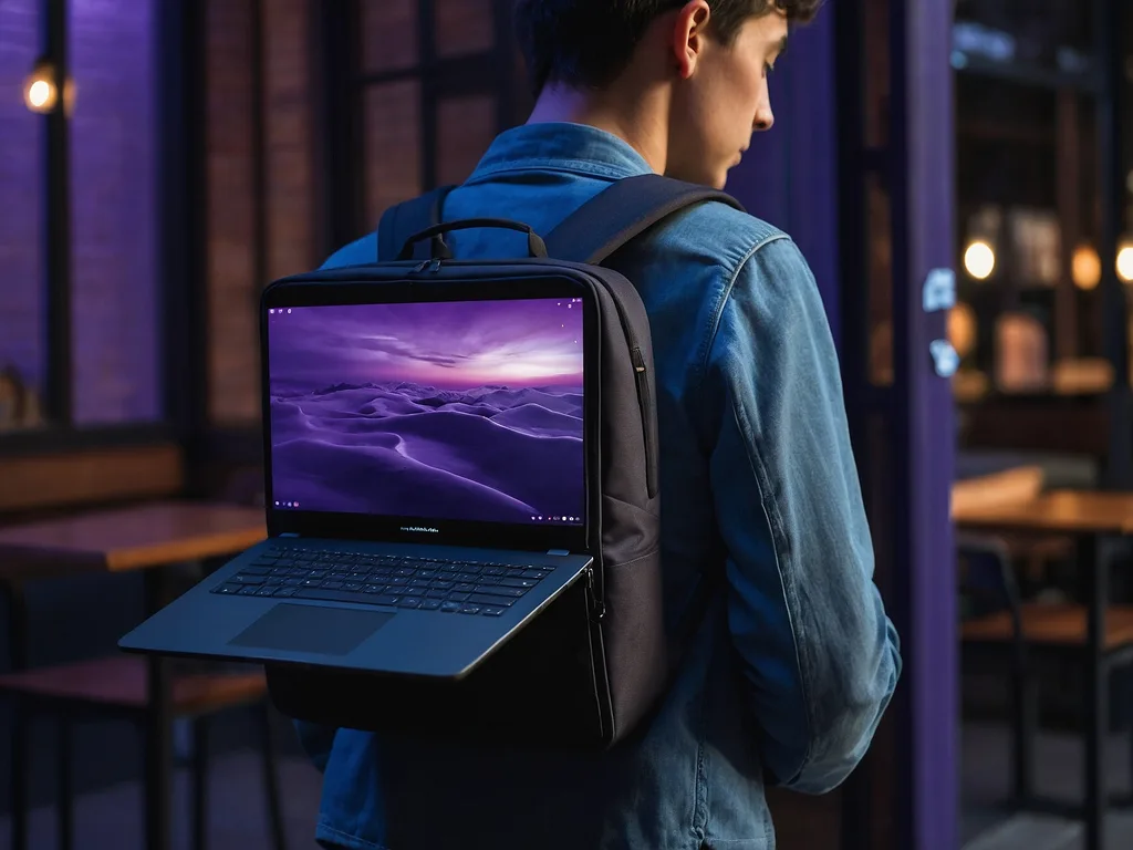 Sebuah laptop 14 inci ultrabook kompak sedang dimasukkan ke dalam beg galas nipis oleh seorang pelajar di kafe