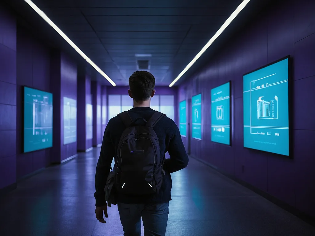 Seorang pelajar memegang laptop 14 inci kompak dengan satu tangan sambil berjalan melalui lorong kampus moden