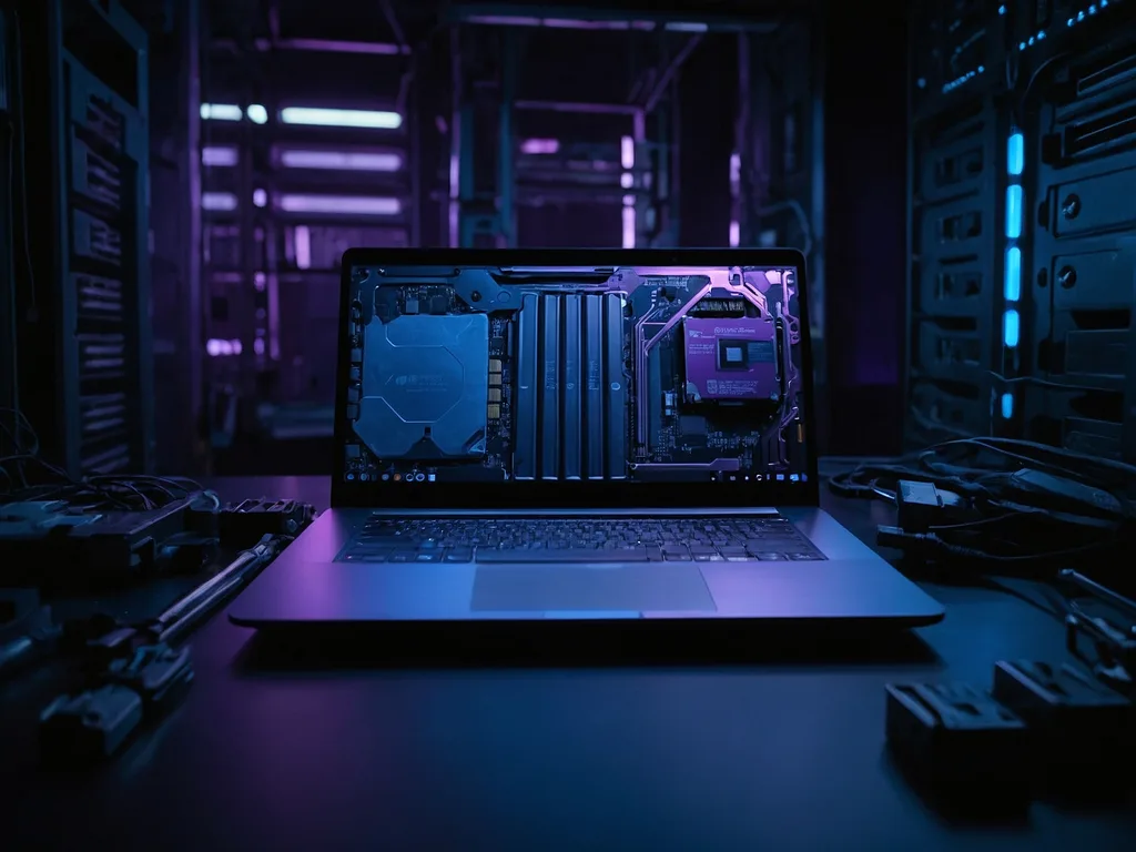 Modul bateri gantian laptop sedang dipasang dengan teliti oleh tangan, ruang kerja bersih dengan pemutar skru