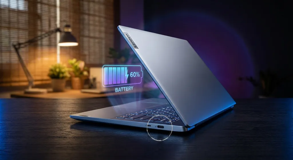 Skrin laptop menunjukkan laporan kesihatan bateri dengan peratusan kapasiti dan kitaran pengecasan