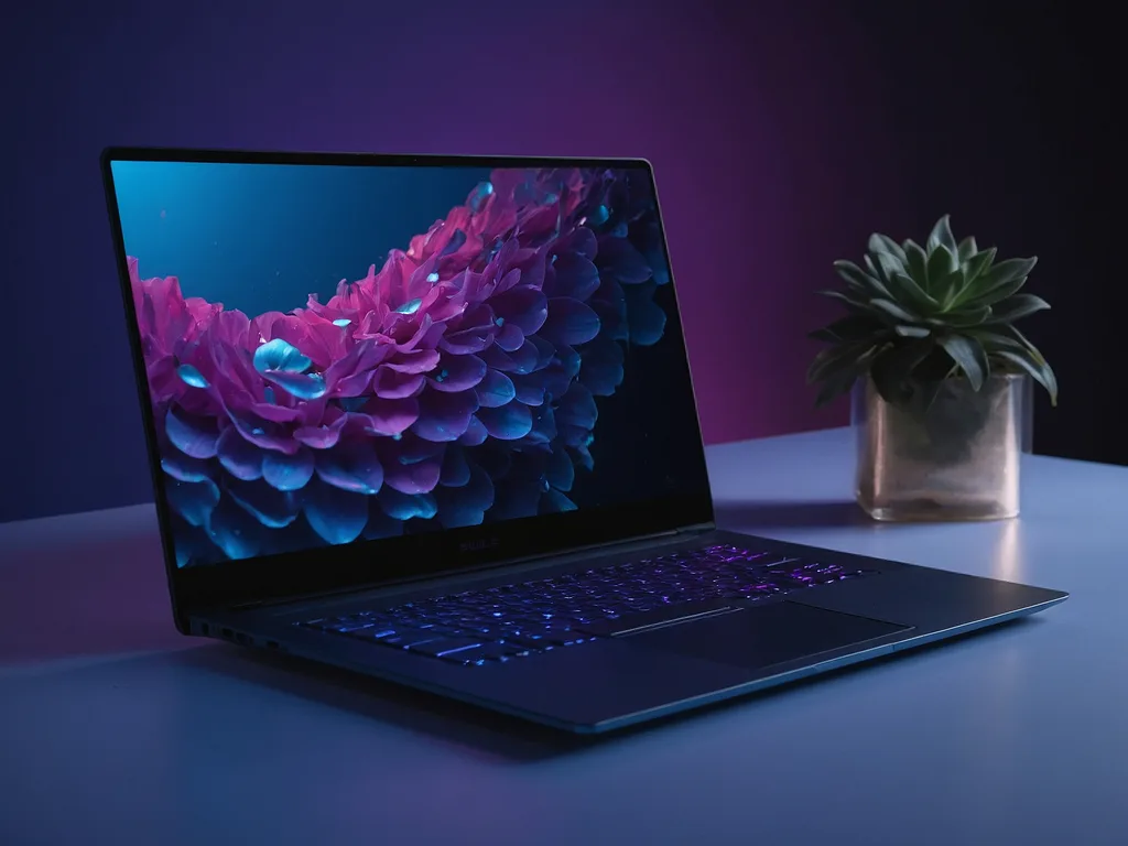 Laptop bersih menunjukkan desktop Windows 11 yang berjaya selepas pemulihan, ruang kerja produktif yang tenang