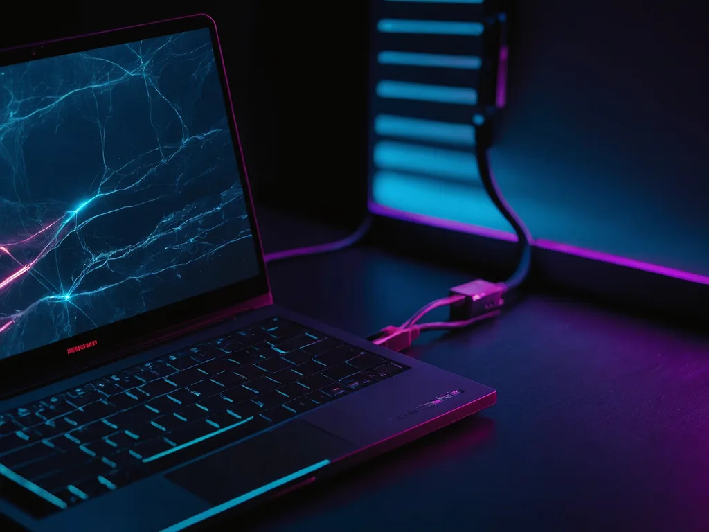 Kabel charger laptop disambung ke port tetapi tidak mengecas dengan simbol X merah dalam aesthetic Cyber Violet