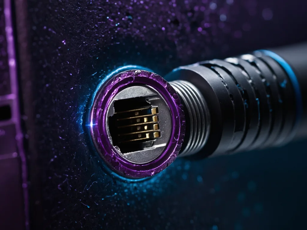 Charger laptop original berbanding charger aftermarket murah, dengan tanda amaran voltan pada Cyber Violet background