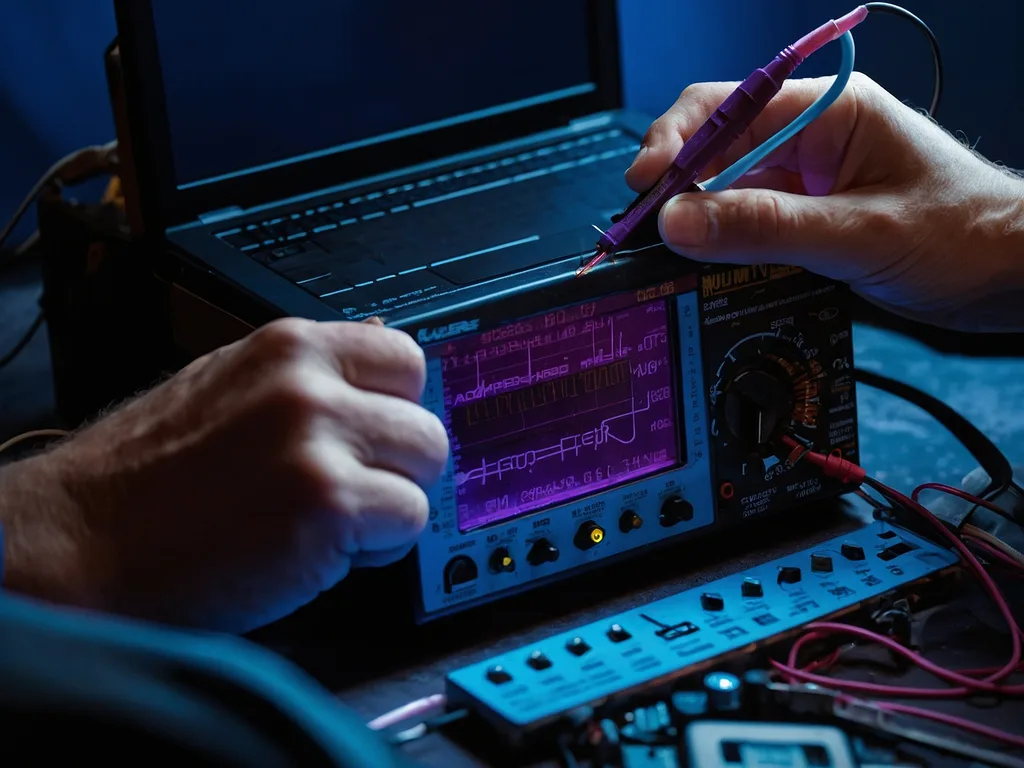 Tangan memegang kabel charger laptop dengan multimeter kecil menguji output voltan