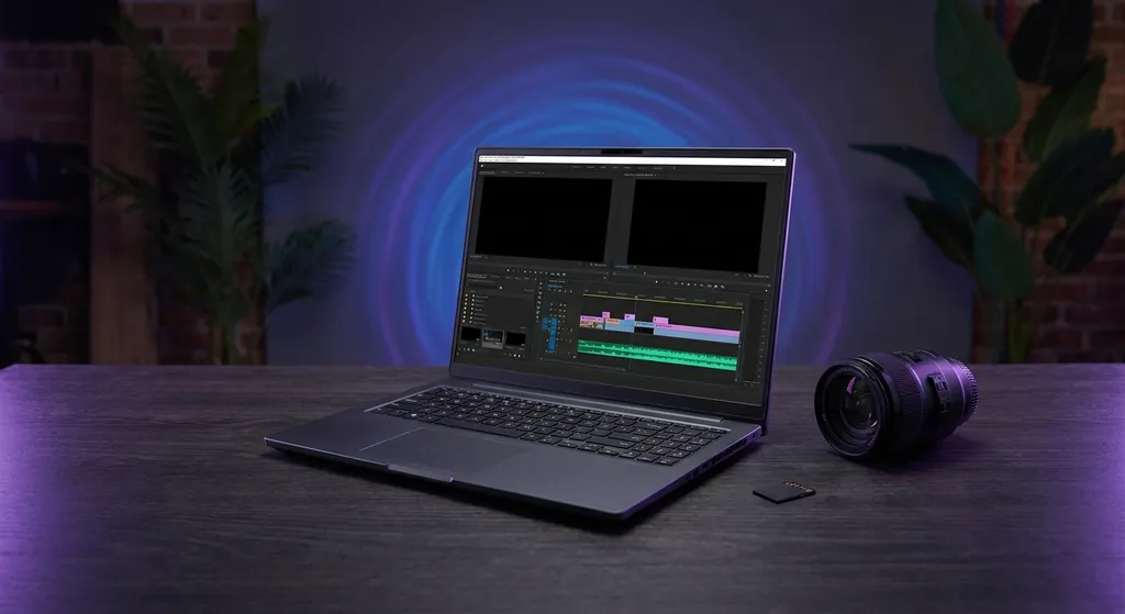 Laptop content creator dengan layar 4K untuk video editing dan design grafis