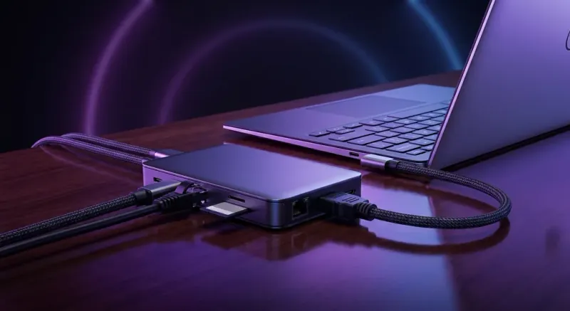 Laptop docking station dengan monitor, keyboard, mouse tersambung di pejabat Malaysia