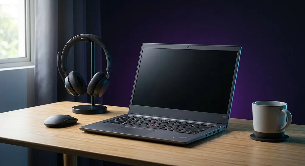 Laptop untuk bekerja dari rumah dengan skrin jernih dan papan kunci ergonomik di meja kerja rumah