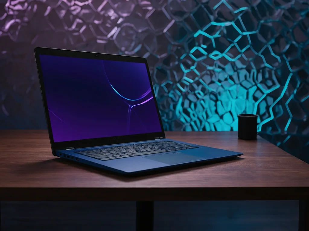 Laptop baru dengan cahaya violet lembut di atas meja kerja moden, simbol pembaharuan