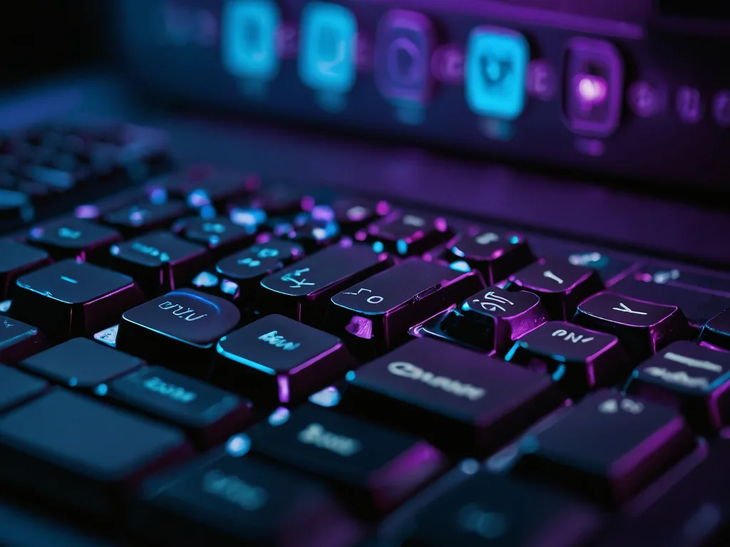 Close-up keyboard laptop dengan key rosak dan keycap tercabut dengan pencahayaan violet dramatik