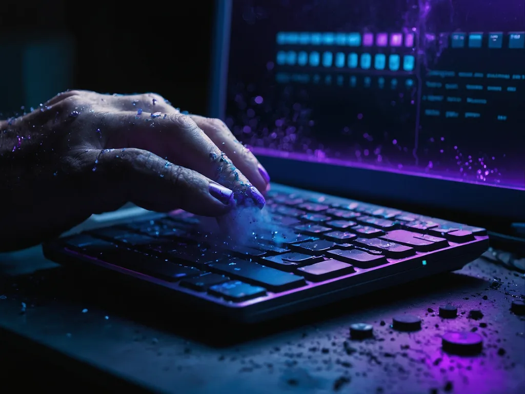 Tangan gunakan compressed air can untuk bersih keyboard laptop dengan debu keluar