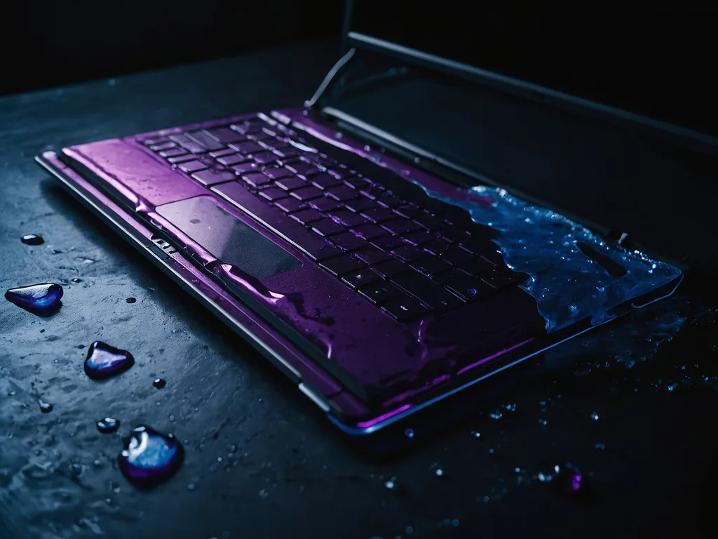 Laptop terbalik V-shape sedang dijemur lepas tumpah air dengan glow amber warning