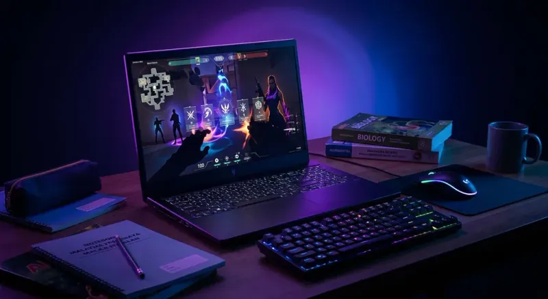 Laptop gaming Valorant dengan spesifikasi entry-level di meja kerja Malaysia