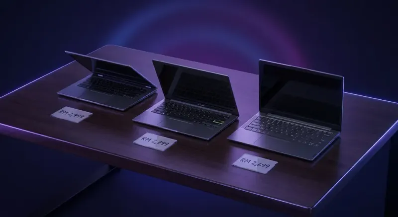 Koleksi laptop murah 2026 terbaru bersusun di meja kerja dengan spesifikasi tertera
